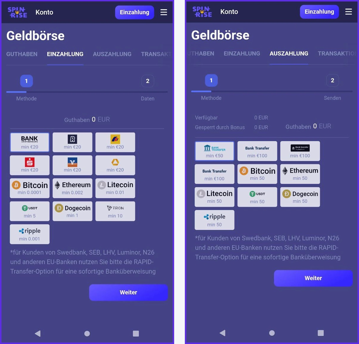 Ein- und Auszahlungslimits im Spinrise Casino im Überblick