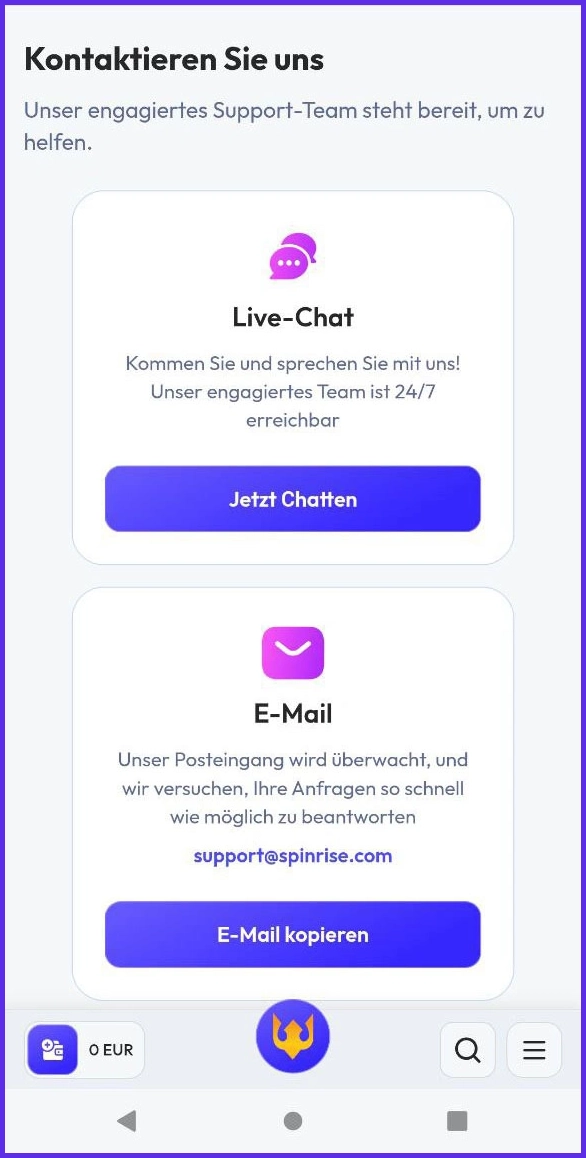 Kontaktmöglichkeiten zum Kundenservice im Spinrise Casino