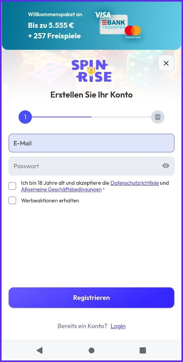 Schnellregistrierung für neue Spieler im Spinrise Casino starten