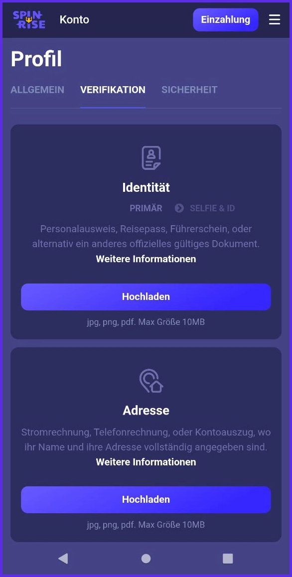 Anleitung zur Verifizierung und Dokumenten-Upload bei Spinrise Casino
